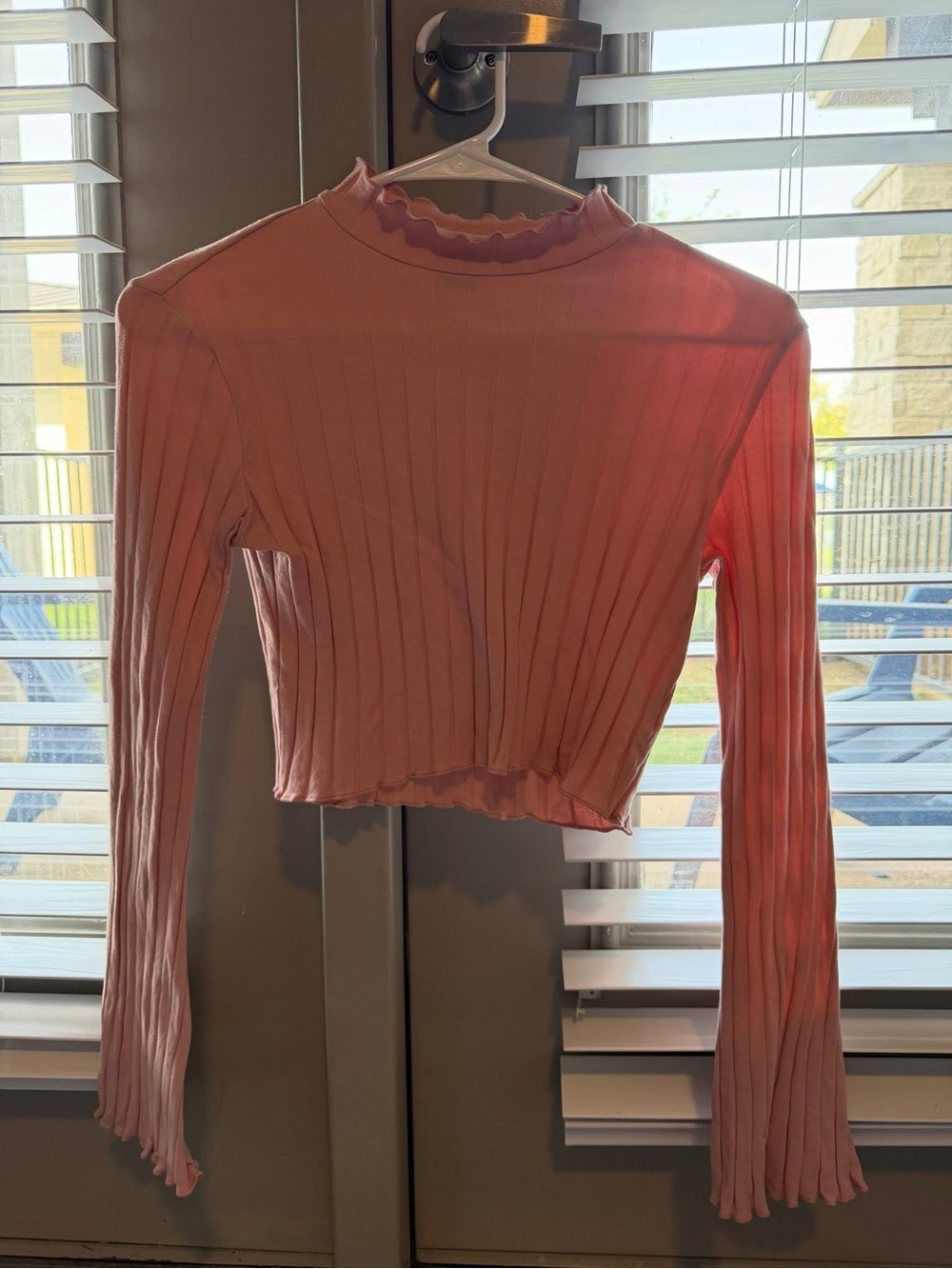 SHEIN Pink Ribbed Lettuce Edged Mock Neck Long-Sleeve With Bell Sleeves